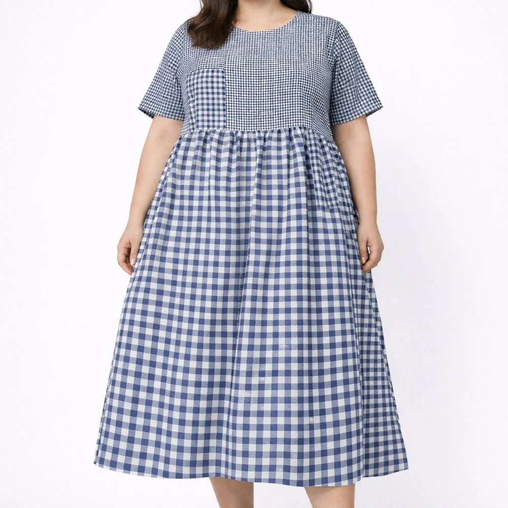 Plus Size Patchwork Gingham Tiered Midi Dress | Short Sleeve | NWOT | Unbranded - Picture 1 of 5
